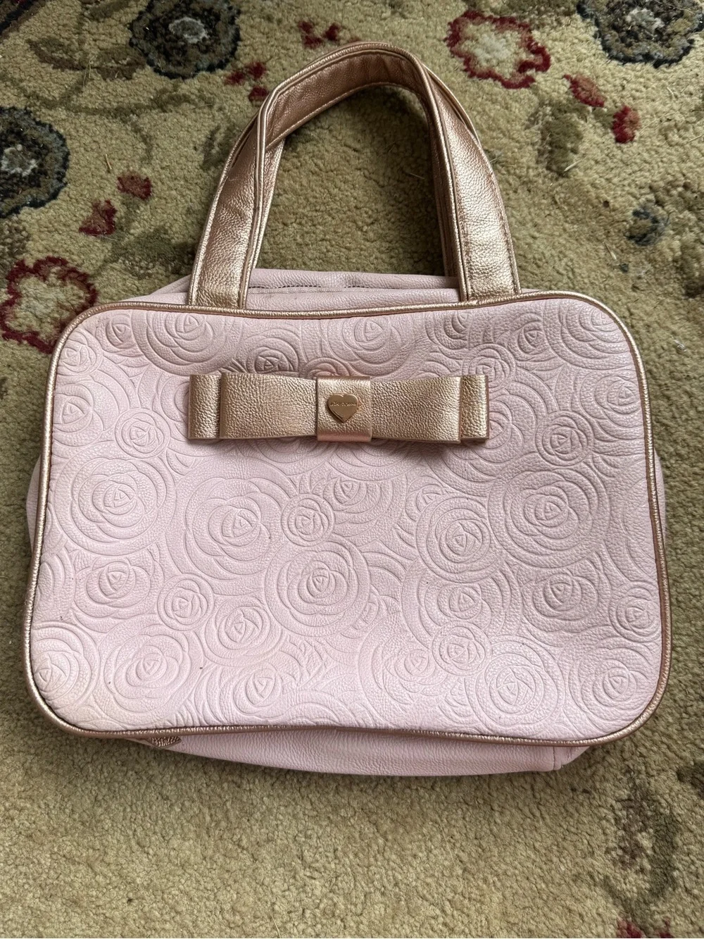 Betsey Johnson Pink Rose Gold Floral Bow Travel Cosmetic Bag